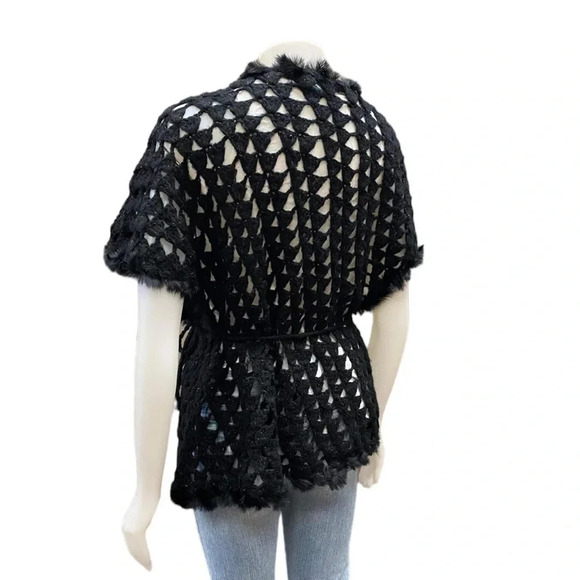 La Cite Rabbit Fur Wool Black Open Short Sleeve Cardigan Size Large - Picture 6 of 11